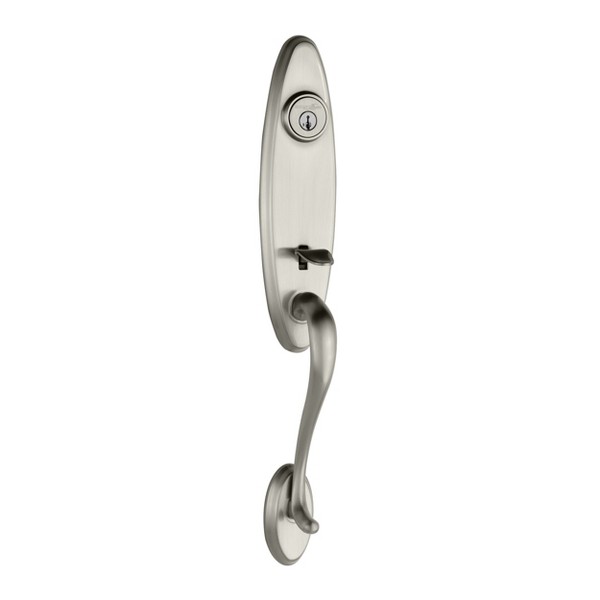 Satin Nickel Wellington Handleset - Deadbolt Keyed One Side (Exterior Only)  - featuring SmartKey | Kwikset